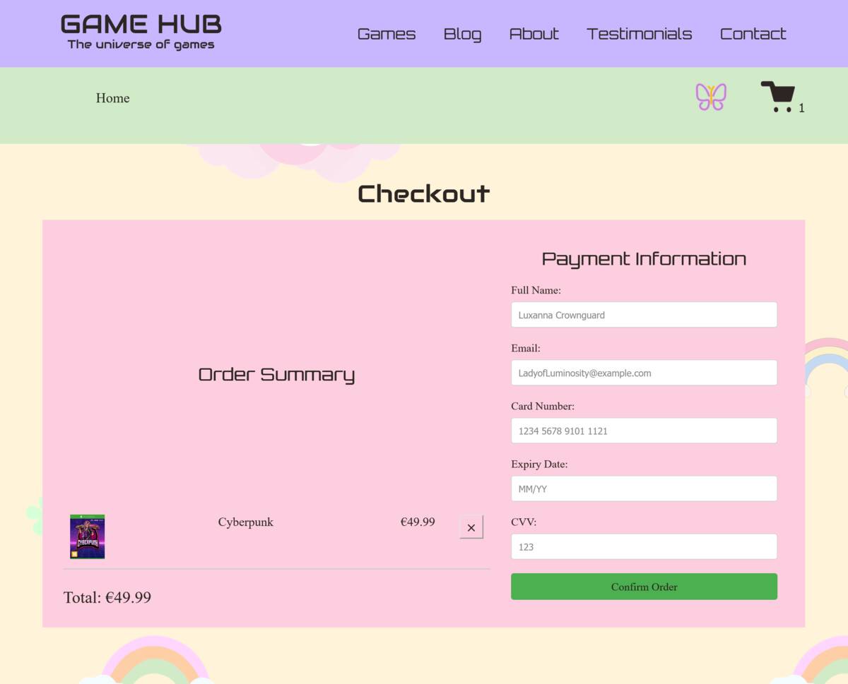 Game Hub checkout page with a summary of games in the cart